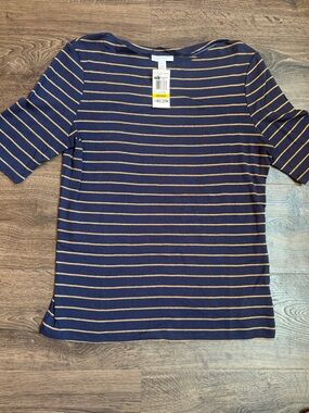Charter Club Navy Blue and Gold Striped Short Sleeve Top